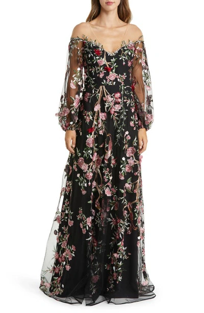 Shop Marchesa Notte Floral Embroidery Long Sleeve Gown In Black Combo
