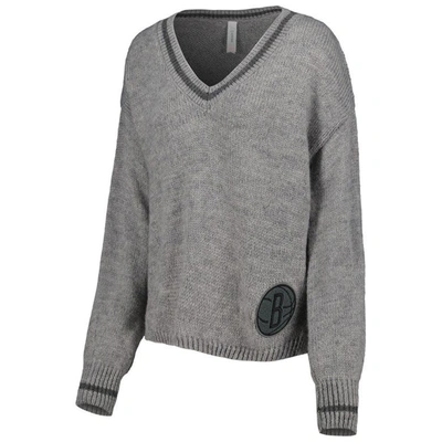 Shop Lusso Gray Brooklyn Nets Scarletts Lantern Sleeve Tri-blend V-neck Pullover Sweater