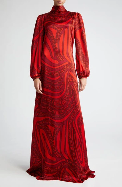 Shop Aliétte Logo Print Long Sleeve Silk Gown In Red