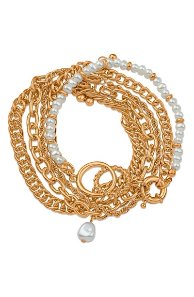 Shop Jardin Imitation Pearl Mixed Chain Layered Bracelet In White/ Gold