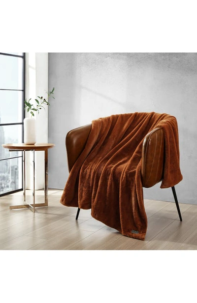 Kenneth Cole Faux Fur Reversible Throw In Ginger Orange