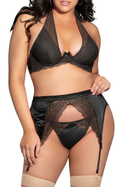 Seven 'til Midnight Seven ‘til Midnight Satin Trim Lace Underwire Bra, Garter Belt & G-string In Black