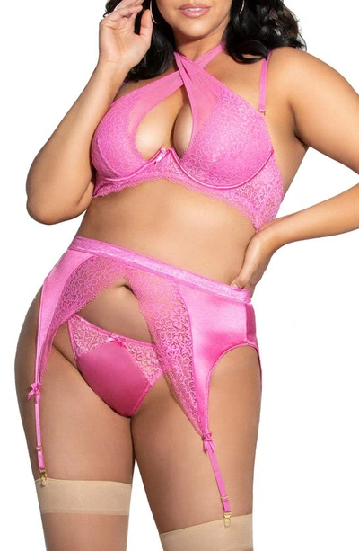 Seven 'til Midnight Seven ‘til Midnight Satin Trim Lace Underwire Bra, Garter Belt & G-string In Pink