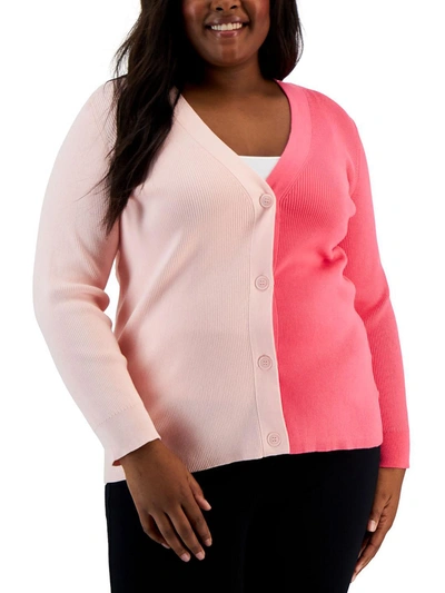 Shop Anne Klein Plus Womens Colorblock Ribbed Cardigan Sweater In Pink