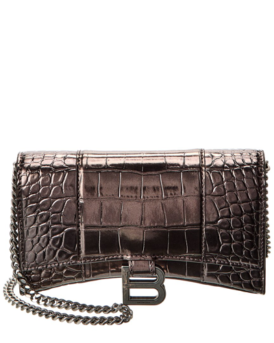 Shop Balenciaga Hourglass Croc-embossed Leather Wallet On Chain In Gold