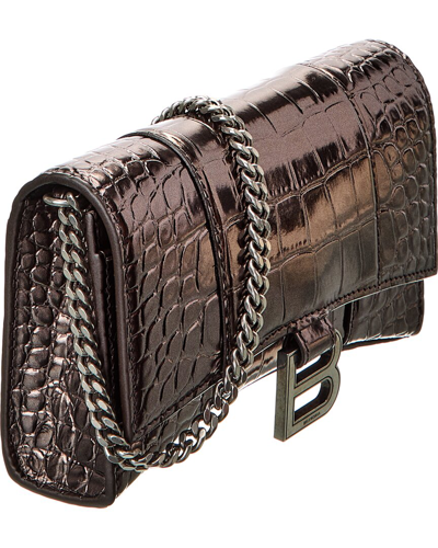 Shop Balenciaga Hourglass Croc-embossed Leather Wallet On Chain In Gold