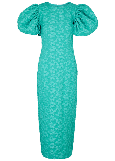 Shop Rotate Birger Christensen Floral-jacquard Cloqué Midi Dress In Turquoise