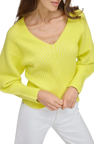 Shop Dkny Rib V-neck Sweater In Ivory/ Limonata