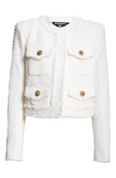 Shop Balmain Four-pocket Open Front Tweed Jacket In White