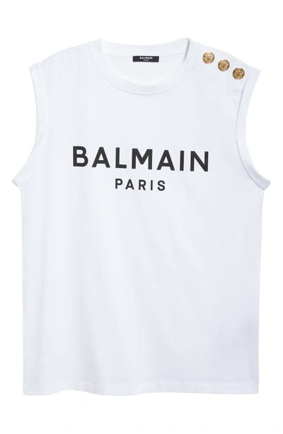 Shop Balmain Cotton Logo Graphic Tank In White/ Black