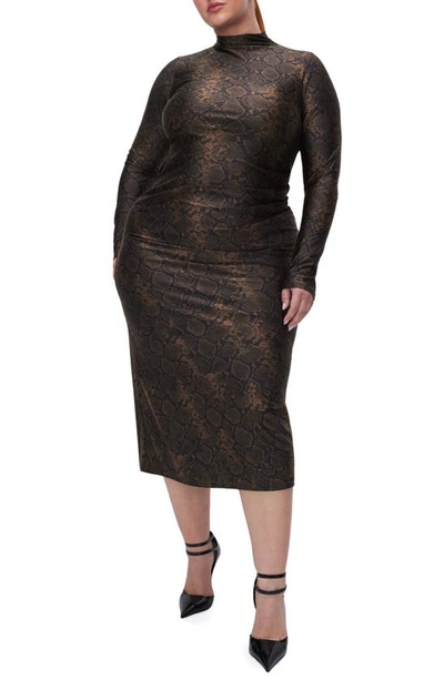 Shop Good American Funnel Neck Long Sleeve Body-con Midi Dress In Mocha Python001