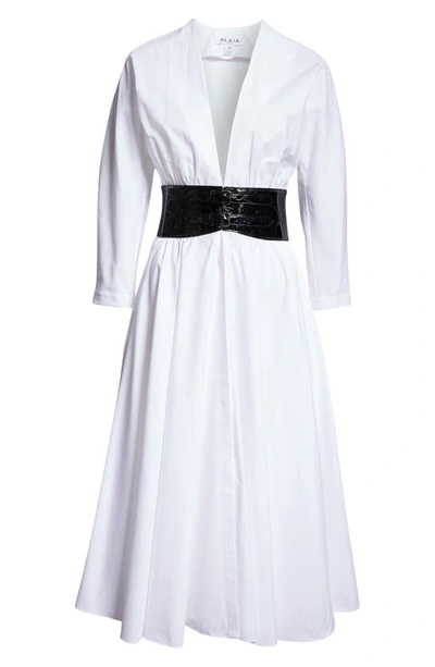 Shop Alaïa Belted Poplin Midi Dress In Blanc