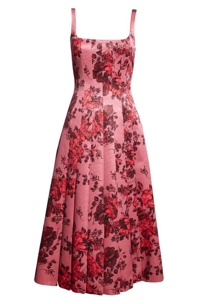 Shop Emilia Wickstead Adele Rose Print Pleated Taffeta Faille Fit & Flare Midi Dress In Mauve Pink Festive Bouquet
