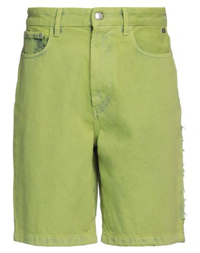 Shop Gcds Man Denim Shorts Green Size 31 Cotton