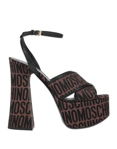 Shop Moschino Woman Sandals Brown Size 10 Textile Fibers, Soft Leather