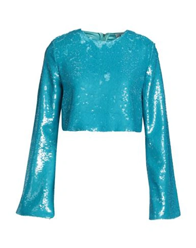 Shop Ganni Woman Top Turquoise Size 8/10 Recycled Polyester In Blue