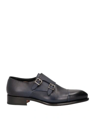 Shop Santoni Man Loafers Navy Blue Size 12 Soft Leather