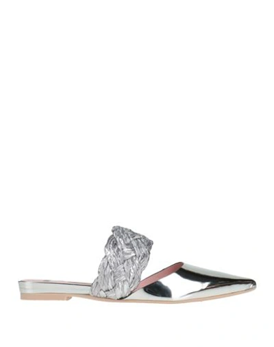 Ras Woman Mules & Clogs Silver Size 8.5 Leather, Natural Raffia In Silver