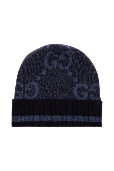 Shop Gucci Monogram Knitted Beanie In Navy