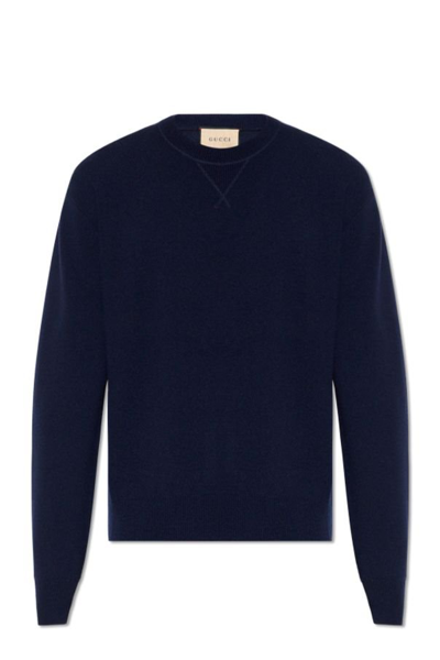 Shop Gucci Crewneck Knit Sweater In Navy
