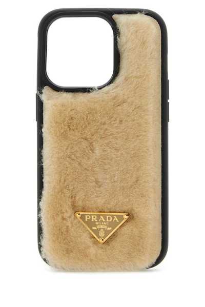 Shop Prada Shearling Iphone 14 Pro Case In Beige