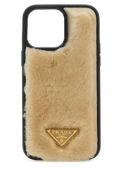 Shop Prada Shearling Iphone 14 Pro Max Case In Beige