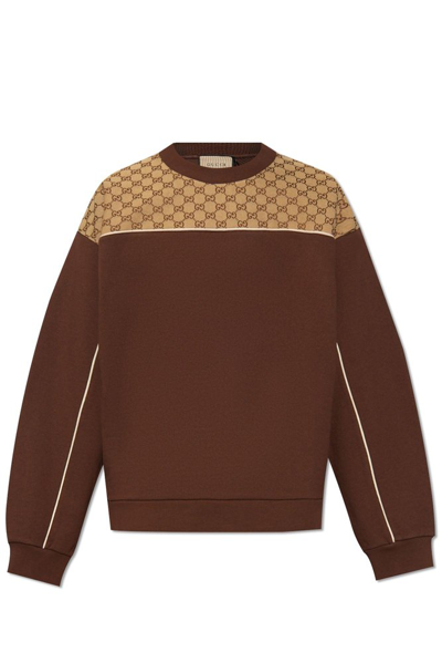 Shop Gucci Panelled Crewneck Sweatshirt In Brown