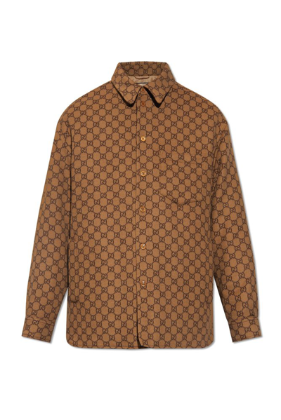Shop Gucci Monogrammed Collared Long In Brown