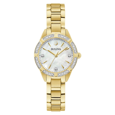 Shop Bulova Sutton Ladies Quartz Watch 98r297 In Gold Tone / Mother Of Pearl / White