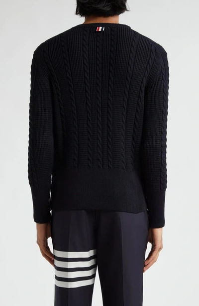 Shop Thom Browne Cable Stitch Virgin Wool Crewneck Sweater In Navy