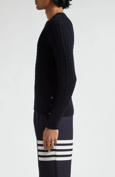 Shop Thom Browne Cable Stitch Virgin Wool Crewneck Sweater In Navy