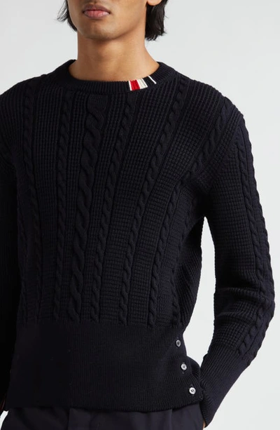 Shop Thom Browne Cable Stitch Virgin Wool Crewneck Sweater In Navy