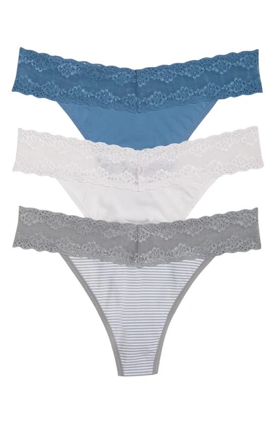 Shop Natori Bliss 3-pack Perfection Lace Trim Thongs In Blue/ White/ Grey
