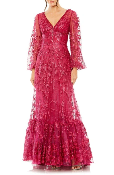 Shop Mac Duggal Embroidered Bishop Sleeve Gown In Cranberry