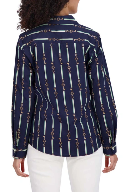 Shop Foxcroft Mary Key Stripe Cotton Button-up Shirt In Navy Multi