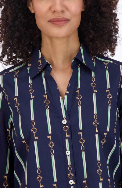 Shop Foxcroft Mary Key Stripe Cotton Button-up Shirt In Navy Multi