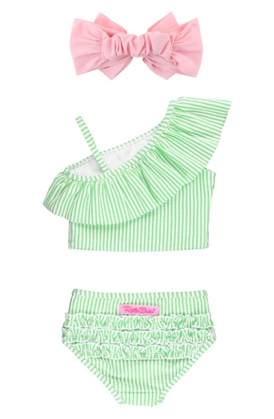 Rufflebutts Kids' Seersucker Two-piece Swimsuit & Headband Set In Green