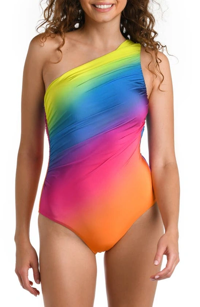 Shop La Blanca Rainbow Shirred One-shoulder One-piece Swimsuit In Multi