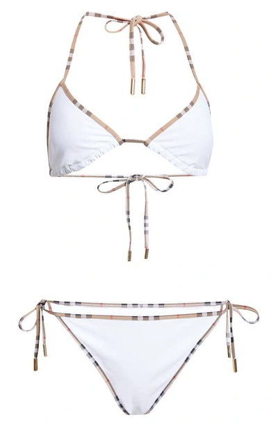 Shop Burberry Mata Check Trim Two-piece Swimsuit In White
