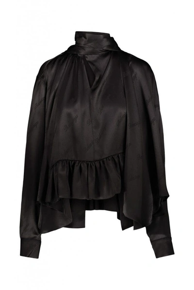 Shop Balenciaga Jacquard Logo Silk Satin Blouse Clothing In Black
