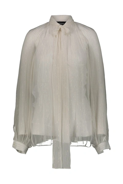 Rochas Bow Shirt In Lurex Striped Silk Chiffon In White