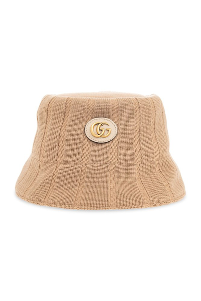 Shop Gucci Logo Plaque Knit Bucket Hat In Beige