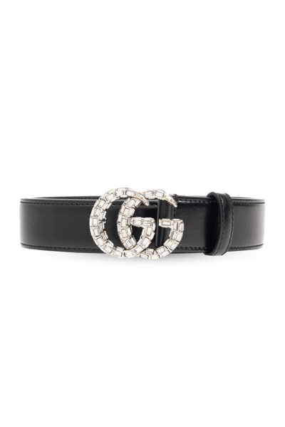 Shop Gucci Gg Marmont Embellished Thin Belt In Black
