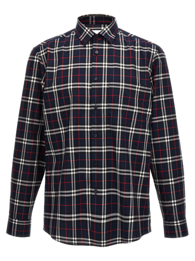 Shop Burberry Simpson Checked Long Sleeved Shirt In Blue