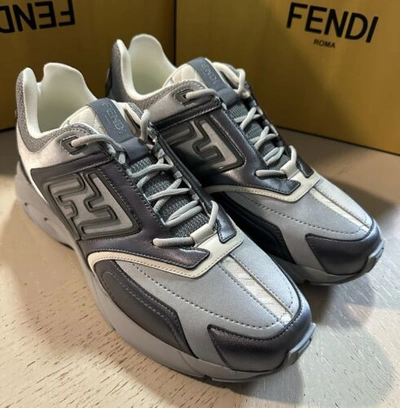 Pre-owned Fendi $1200  Men Ff Logo Leather Athletic Sneakers Gray/silver 11 Us/10 Uk