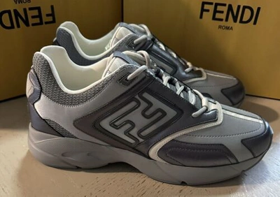 Pre-owned Fendi $1200  Men Ff Logo Leather Athletic Sneakers Gray/silver 11 Us/10 Uk