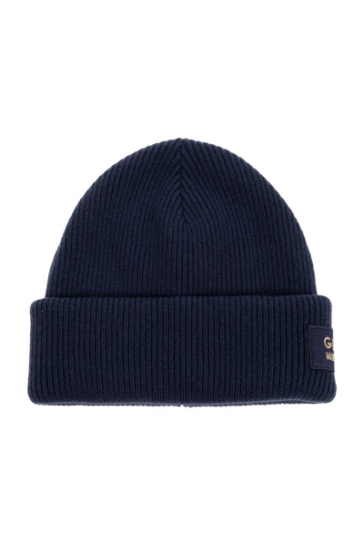 Shop Gucci Logo Patch Ribbed Knit Beanie In Navy