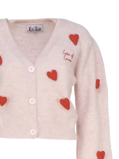 Shop Mc2 Saint Barth Hearts Cardigan In Mixed Wool In Beige, Red