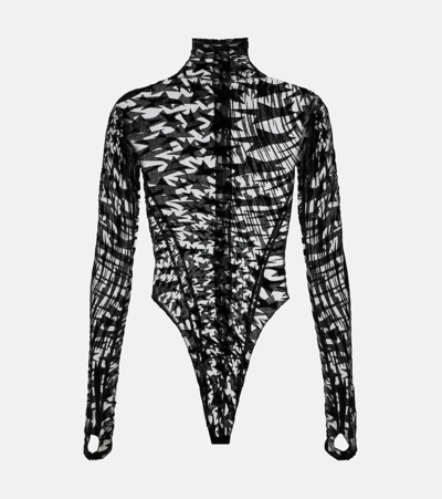 Shop Mugler Printed Mesh Turtleneck Bodysuit In Black