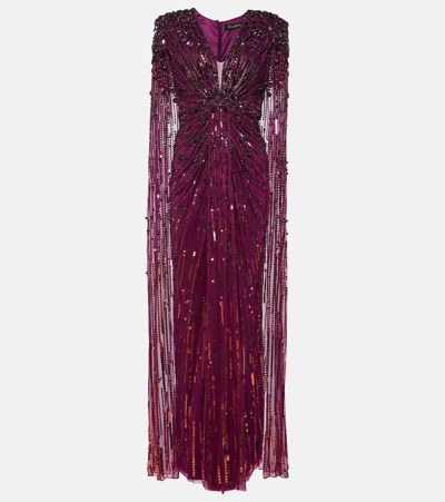 Shop Jenny Packham Lotus Lady Caped Embellished Gown In Burgundy